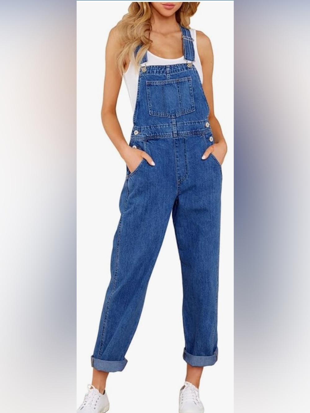 Relaxed Blue Denim Women’s Overalls with Front Bib Pocket, Stretch A1 Cody Blue.